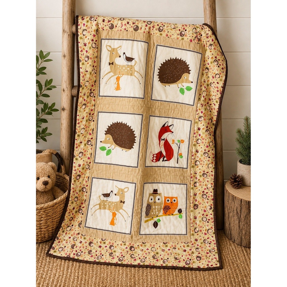 Handmade Woodland Baby Quilt 30x42 Fox Owl Hedgehog Deer Reversible Nursery